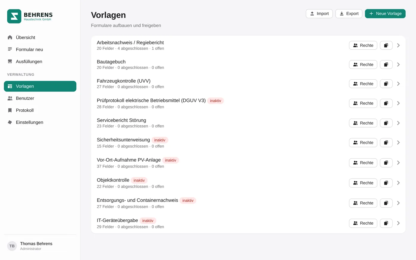 Vorlagenübersicht mit Regiebericht, Bautagebuch, Fahrzeugkontrolle, DGUV V3, Servicebericht und weiteren Vorlagen